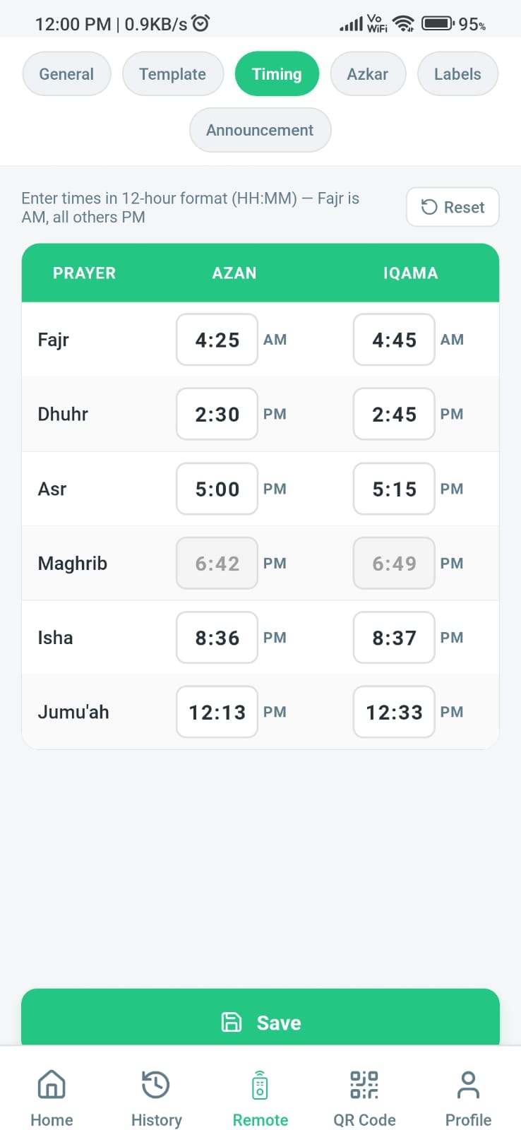 Prayer Settings